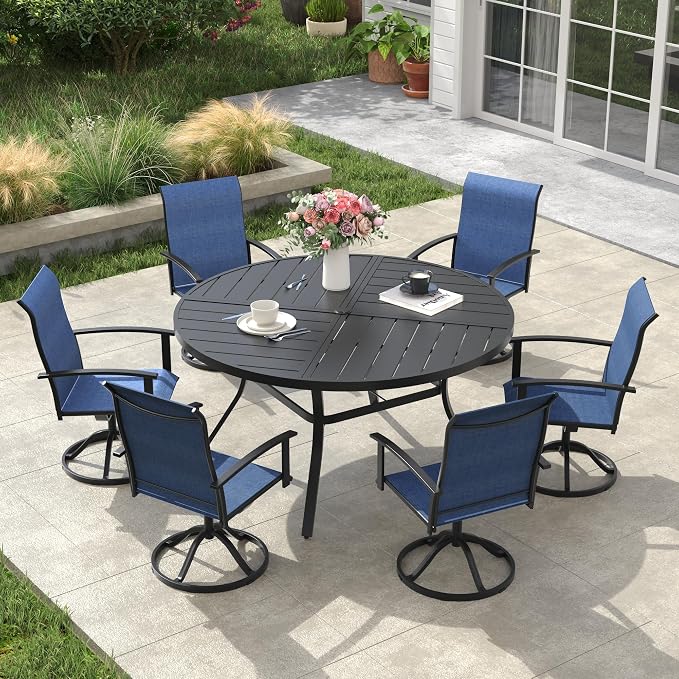 VICLLAX Outdoor Round Table and Chairs Set for 6, Patio Dining Set of 50-Inch Metal Patio Table with Umbrella Hole & 6 Swivel Outdoor Dining Chairs for Backyard Lawn, Dark Blue & Black