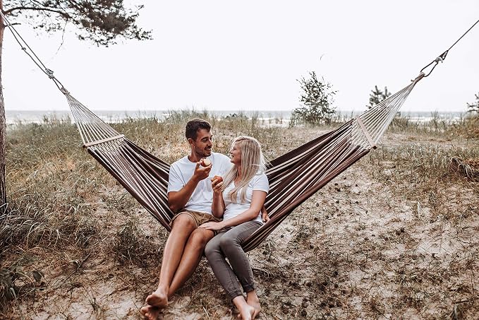 Brasilia Hammock, Handwoven, Polyester/Cotton Blend, Mocha, Single Size, Spreader Bar, 122" L X 55" W, Holds up to 330lbs