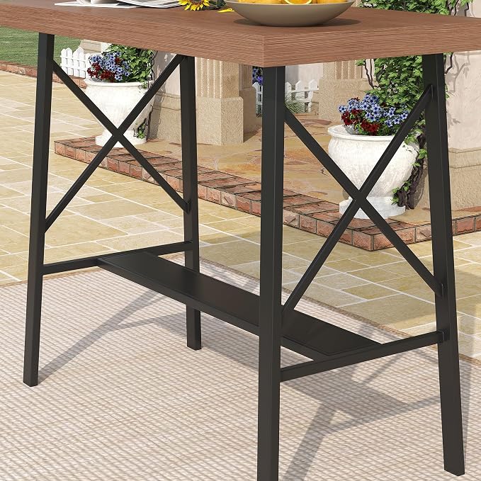 DIFY 40.5” Outdoor Bar Table, Patio Bar Height Pub Table, Long Narrow Bar Table with Sturdy Metal Frame for Bistro, Balcony and Garden, Walnut