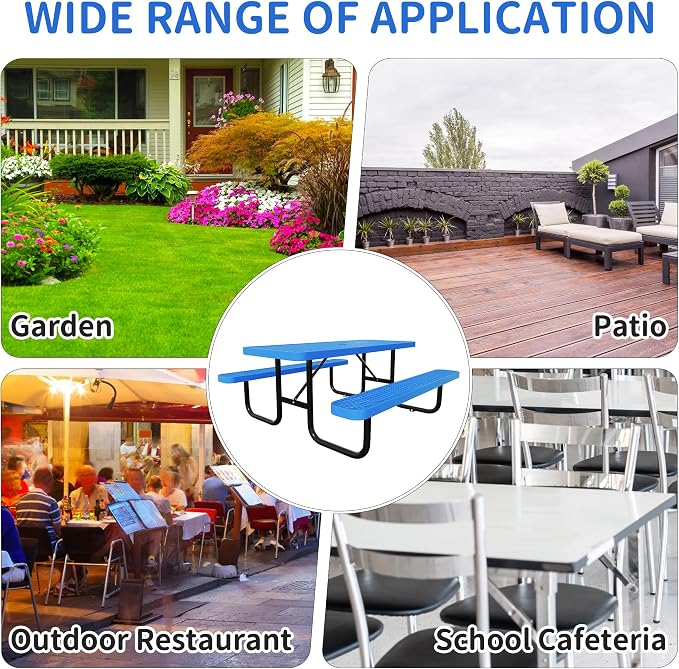 6FT Picnic Tables for Outdoors, Rectangular Commercial Metal Picnic Table Bench Set with Umbrella Hole,Heavy Duty Steel Weather-Resistant Dining Table for Patio Dining Garden Backyard BBQ School