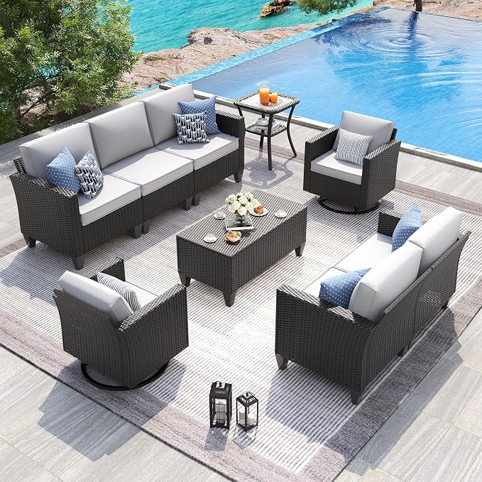 UDPATIO Patio Furniture Set, 6 Pieces Outdoor Furniture Sets with Rocking Swivel Chairs, Wicker Rattan Outdoor Conversation Set with Storage Table and Waterproof Covers for Backyard, Light Grey