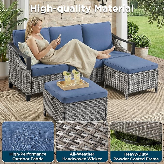 5 Pieces Wicker Outdoor Patio Furniture Set-All-Weather Wicker Patio Swivel Glider Chairs with 2 Ottoman and Glass Side Table, Outdoor Patio Conversation Sets for Porch Balcony Deck Blue/Grey