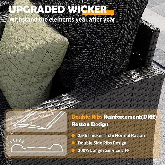 UDPATIO Patio Furniture Set, 6 Pieces Outdoor Sectional Couch with Swivel Rocking Chair, Gray Wicker Rattan Sofa with Side Table, 4" Thick Cushion for Garden Backyard Deck,Black
