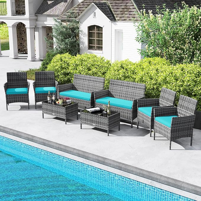 RELAX4LIFE 8-Piece Patio Furniture Set - Rattan Outdoor Conversation Bistro Set w/Cushions, Glass Coffee Table, Wicker Chairs & Loveseat for Pool Garden Backyard Porch Balcony (2, Mix Grey-Turquoise)