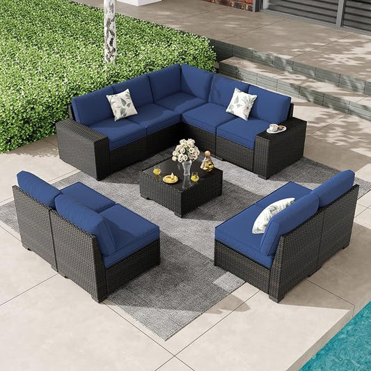 Patio Furniture Set, 10 Pieces Outdoor Couch Sofa with Wider Armrests & Glass Coffee Table, Outdoor Sectional Furniture with Thick Cushions for Party, Poolside,Garden-Navy