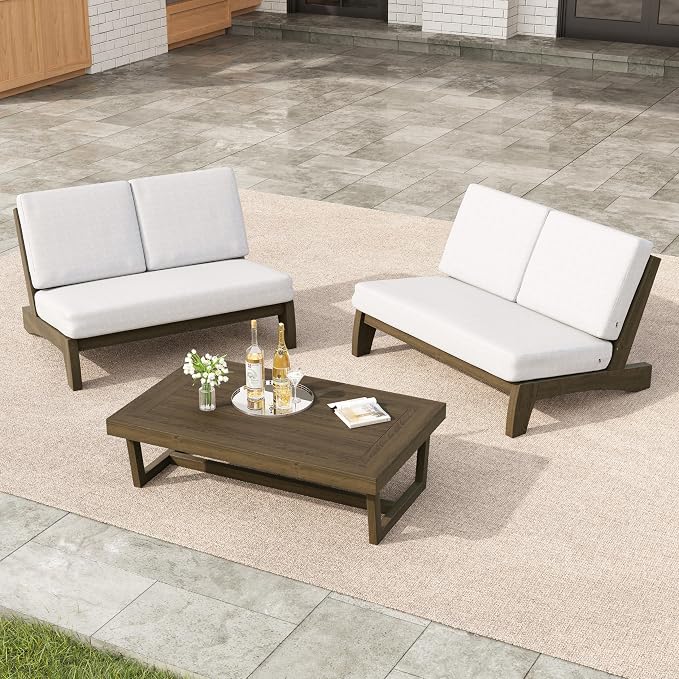 3 Pieces Patio Furniture Sets, All-Weather Outdoor Wood Bistro Set Patio Conversation Coffee Table Chiars and Patio Loveseat for Balcony, Backyard