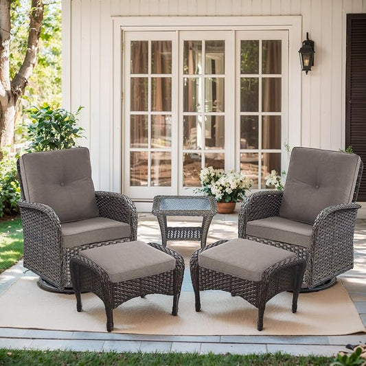 Outdoor Swivel Glider Rocker Chairs Set- 5 Piece Patio Furniture Set, Patio Bistro Sets with Tempered Glass Side Table and 2 Ottoman, for Balcony, Porch - Brown Wicker, Grey Cushion