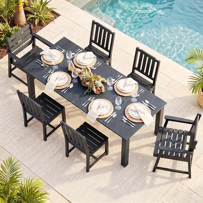 LOUNZY 7 Piece Patio Dining Set for 6, Outdoor Table and Chairs,Black | 75.2” table,6 seat patio dining set, HDPE wood-look, fade resistant and waterproof, low maintenance outdoor furniture