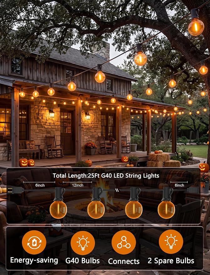 Halloween Orange String Lights, 25Ft G40 Outdoor Halloween Decorations Lights with 27 LED Shatterproof Orange Globe Bulbs, Hanging Patio Lights for Christmas Backyard Holiday Fall Party Garden Decor