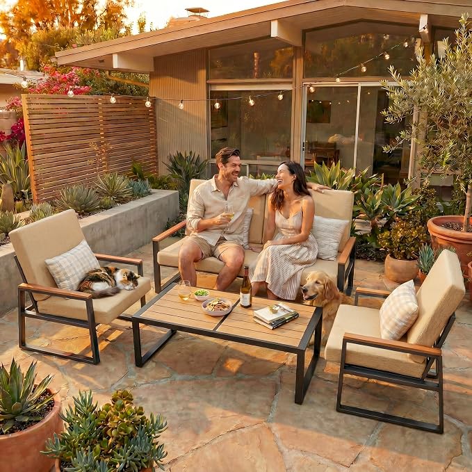 Gizoon 4-Piece Outdoor Patio Furniture Set with Coffee Table and Removable Cushions, Metal Patio Conversation Set for Family, Yard, Poolside (Gray)