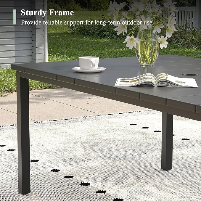 Outdoor Dining Set for 6, 63" Metal Outdoor Dining Table with Umbrella Hole and Sling Patio Swivel Chairs, 7 Pieces Patio Table and Chairs Set for Garden Backyard, Dark Blue and Black