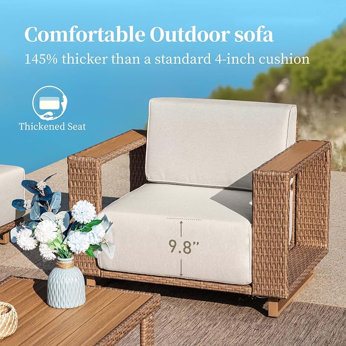SUNSHINE VALLEY Patio Furniture Set, Outdoor Sectional Conversation Sets, Yellow Rattan Wicker Sofa with 10''Ultra-Thick Cushions, 6 Pieces Lawn Garden Backyard Furniture