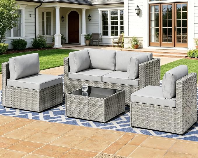 MOCHITO 5 Pcs Outdoor Patio Furniture Sets Grey Rattan Grey Cushions | All-Weather Sectional Sofa, with Glass Table, PE Rattan Wicker Patio Furniture , Washable Cushions, for Balcony Porch Garden
