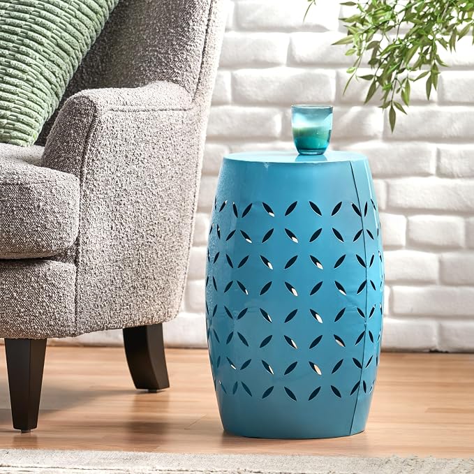 12" Outdoor Side Table, Metal Round Side Table, Multi Functional Decorative Cutout, Coffee Table, Night Stand, Plant Stand for Patio, Garden, Backyard, Gazebo Indoor (Blue)