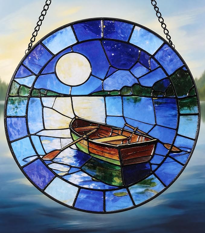 Hanging Stained Glass for Windows,20cm/7.87inch The Boat Beneath the Moon Stained Glass Suncatcher with Chain Garden Diamond Glass Panel Hangings Decoration for Family Friends Colleagues