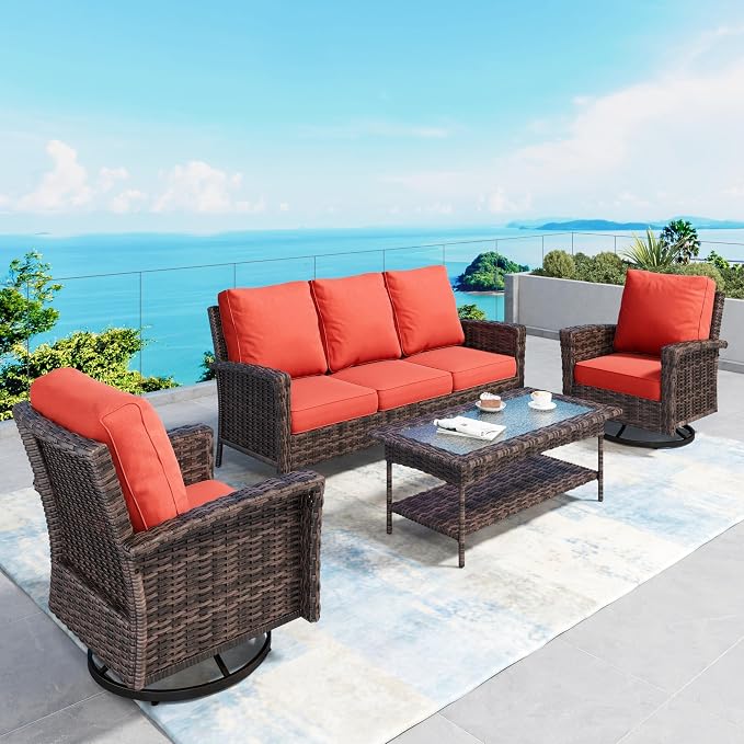 SUNSHINE VALLEY Patio Furniture Set with Swivel Chairs, High Back Wicker Rattan Furniture with 5.5" Thick Cushions and Coffee Table, Outdoor Conversation Set for Backyard Deck, 5 Seats, Red