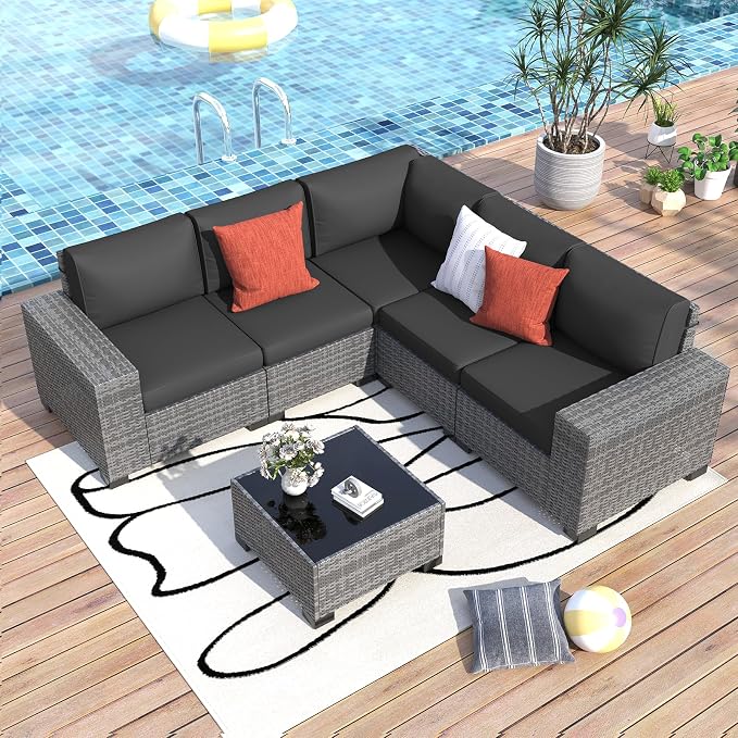 Outdoor Patio Furniture Set, 8'' Wide armrest Outdoor Sectional Rattan Sofa Set, Wicker Patio Furniture Sets w/Coffee Table,Thick Cushions and Cover for Porch, Balcony,Deck 6 PCS(Grey&Black)