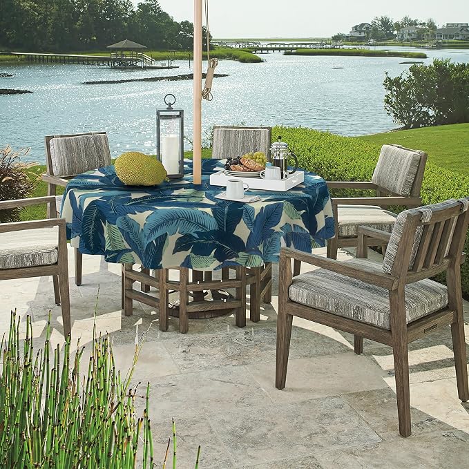DYTXIII Outdoor Round Tablecloth with Umbrella Hole 60 Inch, Water Repellent & Fade Resistant Table Cover, All Weather Outdoor Tablecloth for Garden & Party Table, Palms Blue