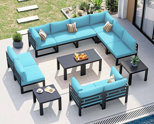 NICESOUL 14 Pcs Aluminum Patio Furniture Set for Large Groups, 500lbs Heavy Duty Outdoor Sectional Sofa with Coffee Table, L Shaped 29" Deep Wide Seating Conversation Couch for Garden Lawn, Turquoise