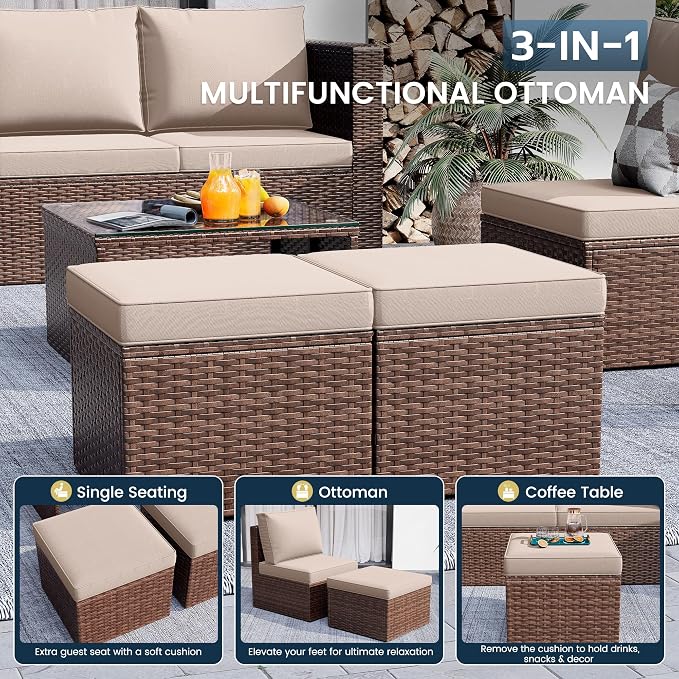 Amopatio Patio Furniture Set with Fire Pit Table, All-Weather Wicker Outdoor Conversation Sofa Set with Glass Coffee Table, Cushions & Ottomans for Deck Backyard Porch Lawn Brown/Khaki