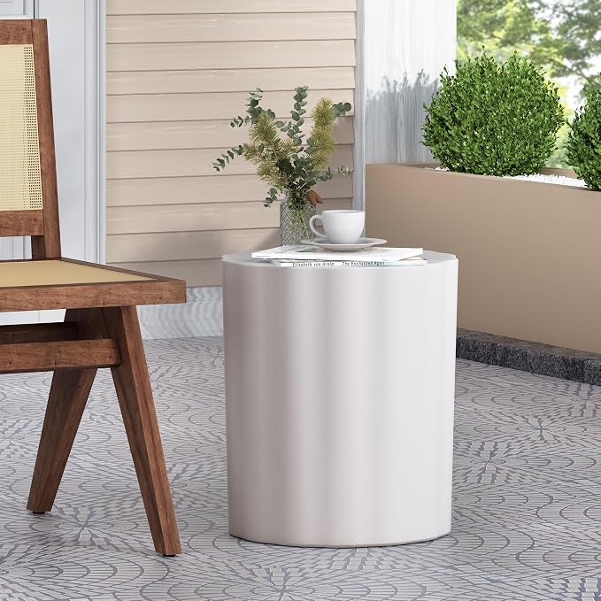 Concrete Side Table Outdoor Faux Stone End Table, Round Outdoor Accent Tables Patio Garden Stool Plant Stand for Porch, Backyard Patio Cylinder, White-Stripe