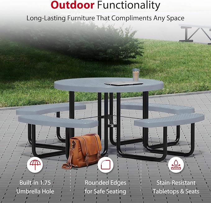 Leisure Craft Metal Picnic Table with Bench - 46" Round Outdoor Dining Table for 8 with Umbrella Hole, Weatherproof Heavy Duty Thermoplastic Coating, Commercial Grade Furniture Made in USA - Gray