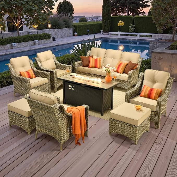 Outdoor Patio Furniture Sets, 8 PCS Patio Conversation Set Outside Rattan Sofa with 54 in Fire Pit Table Comfy Cushions Fit Backyard Porch Garden Poolside Balcony,Beige