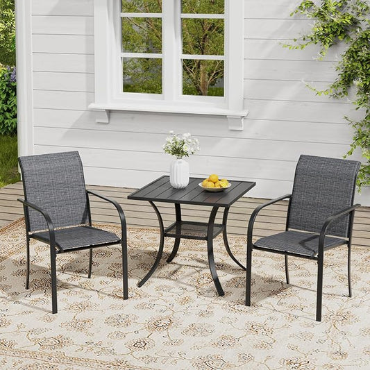 VICLLAX Outdoor Dining Set for 2, Small Patio Table and Chairs Set of Stackable Patio Sling Chairs and Square Dining Table for Front Porch, Dark Grey Fabric and Black Table