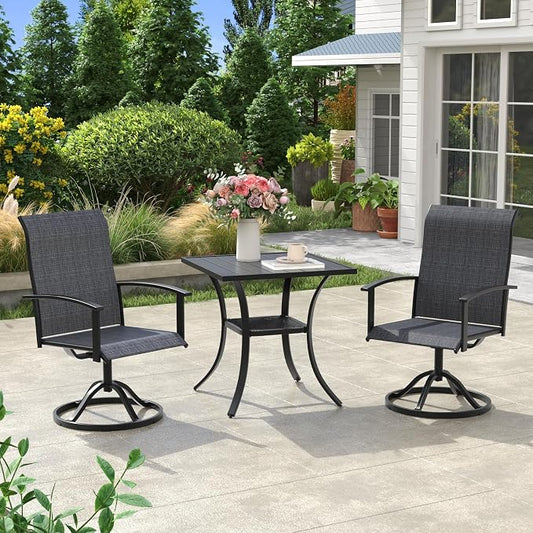 VICLLAX Outdoor Table and Chairs Set for 2, Small Patio Dining Set with 27.5" Metal Square Patio Table & 2 Swivel Outdoor Dining Chairs for Backyard Lawn Porch Garden, Charcoal & Black