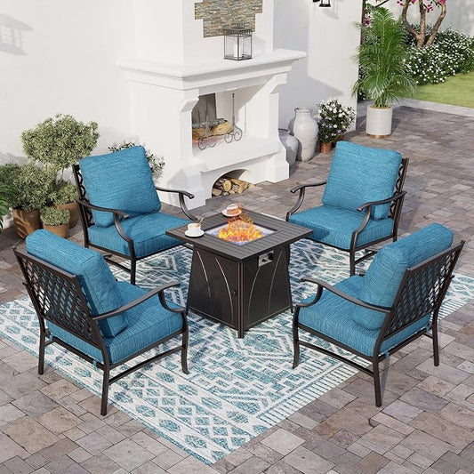 SUNSHINE VALLEY 5 Piece Metal Outdoor Patio Furniture Set with Fire Pit Table, Patio Conversation Sets 4 Fixed Chairs with 5.75" Thick Cushion and 5000 BTU Fire Pit Table, Backyard Furniture, Blue-2