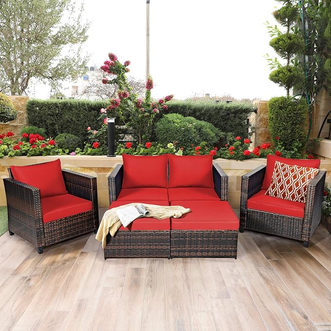 Tangkula 5 Pieces Patio Wicker Furniture Set, Outdoor Rattan Sofa Set with Loveseat, 2 Single Sofas, 2 Ottomans & Removable Cushions, Sectional Daybed Sofa Set for Yard, Garden, Poolside, Red