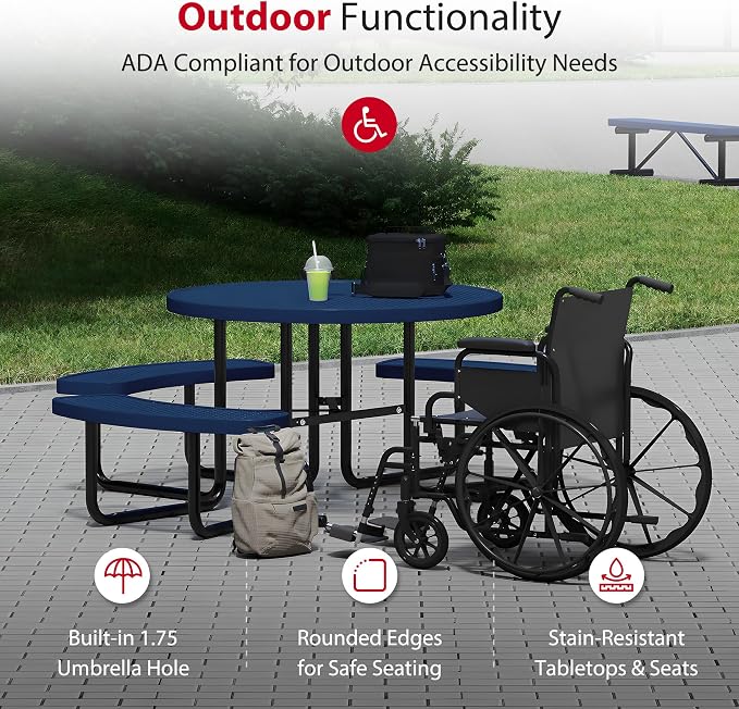 Leisure Craft Metal Picnic Table with Bench - 46" Round Outdoor Dining Table with Umbrella Hole, Heavy Duty Thermoplastic Coating, ADA Compliant, Commercial Grade Furniture Made in USA - Navy