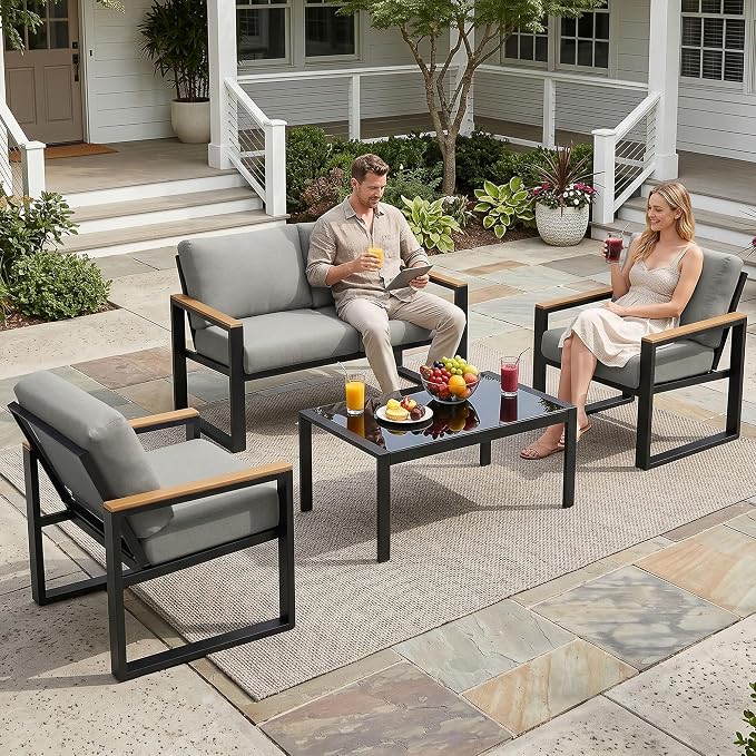 NATURAL EXPRESSIONS 4 Pieces Patio Furniture Sets,Outdoor Metal Sectional Furniture Modern Patio Conversation Set,Fauxwood Anti-Scald Armrest,Sling Mesh,Tempered-Glass Table,4" Olefin Cushions