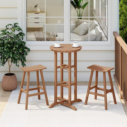 Costaelm Outdoor Bar Table, 42" Counter Height Round Patio Cocktail Bar Table, Patio Bar Table 3-Pieces Set Bistro Dining Table Pub Table for Deck, Backyard, Garden, Teak