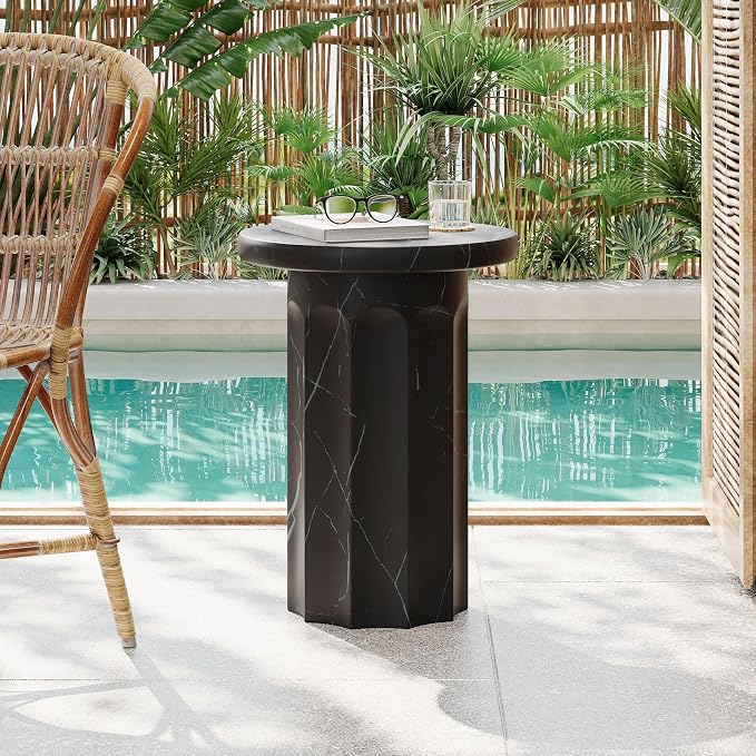 Outdoor Side Table 16" Cylindrical Shape Concrete Side Table, Patio Tables for Outside Decorative Garden Stools, No Assembly Accent Table for Patio Porch Living Room, Black