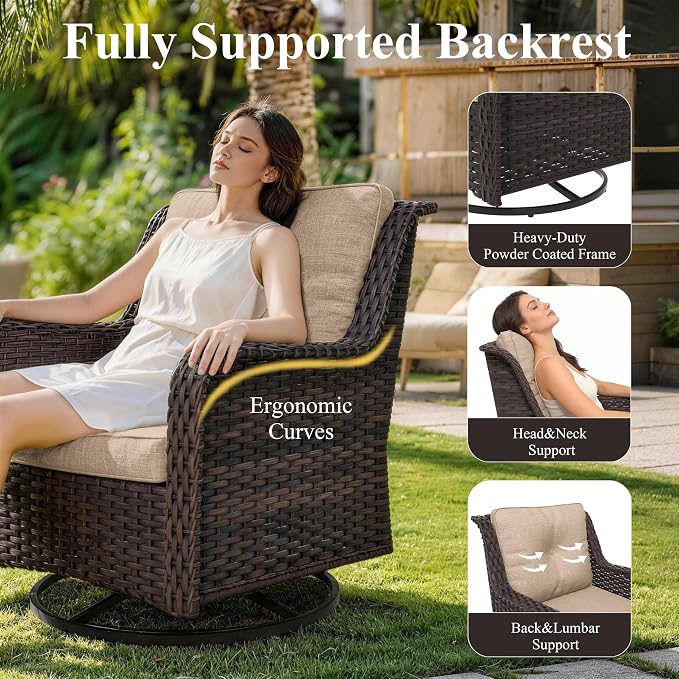 7-Piece Patio Furniture Set, Outdoor Thick Wicker Sectional Sofas with 2 Swivel Chairs, High Back Patio Sectional Couch, Outdoor Conversation Set for Backyard, Porch, Deck, Brown