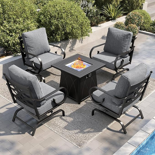 PHI VILLA Patio Furniture Set, 4 Rocking Chairs and a 28" Square Fire Pit Table, Outdoor Metal Conversation Set with 5.75" Extra Thick Cushion for Garden Backyard Deck, Grey