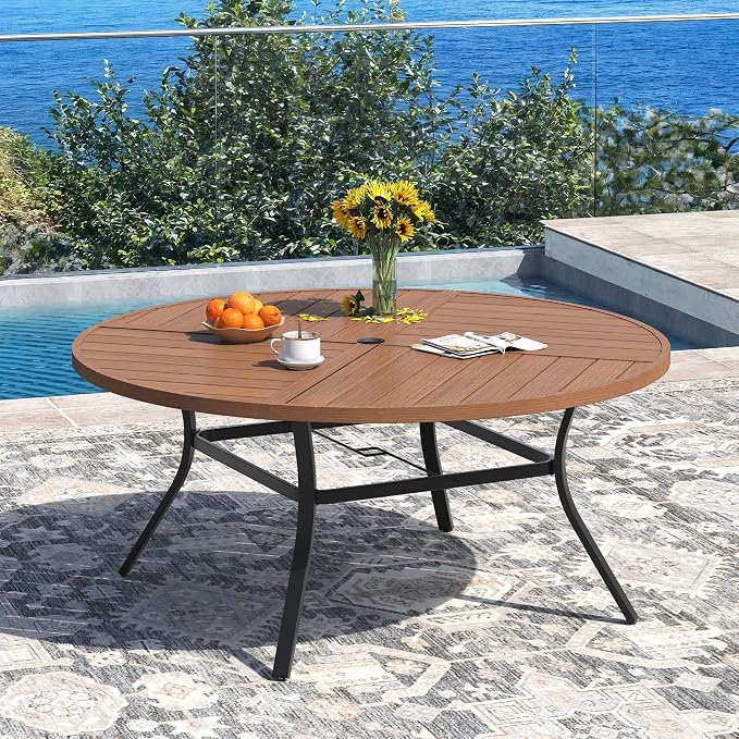 DIFY 11 Pieces Outdoor Dining Set, Metal Patio Table and Chairs Set for 10, 59.8" Round Dining Table with Umbrella Hole & Wicker Stackable Patio Chairs with Cushions, Walnut Tabletop
