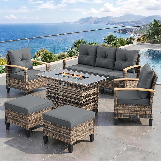 UDPATIO Patio Furniture Set with Fire Pit Table, 6 Pieces Outdoor Wicker Conversation Set for Lawn, Porch, Garden, Backyard, Grey