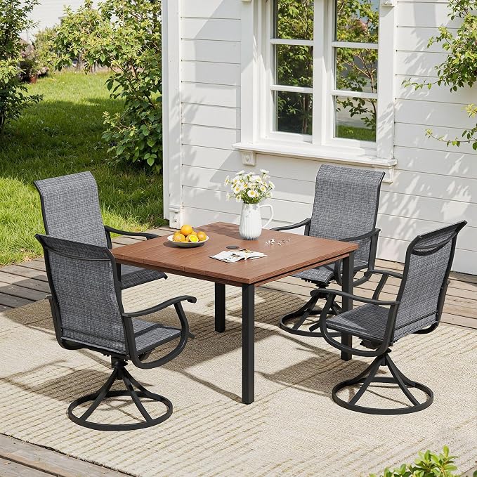 VICLLAX 5 Pieces Patio Dining Set, Patio Furniture Set of 4 Patio Swivel Dining Chairs and Square Patio Table, Dark Charcoal Chairs & Walnut Tabletop