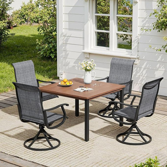 VICLLAX 5 Pieces Patio Dining Set, Patio Furniture Set of 4 Patio Swivel Dining Chairs and Square Patio Table, Dark Charcoal Chairs & Walnut Tabletop