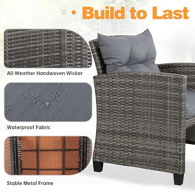 Shintenchi 5 Pieces Patio Furniture Set, Outdoor Wicker Patio Conversation Set with Ottoman, All Weather Rattan Outside Chairs with Coffee Table & Cushion for Porch, Garden, Backyard, Gray