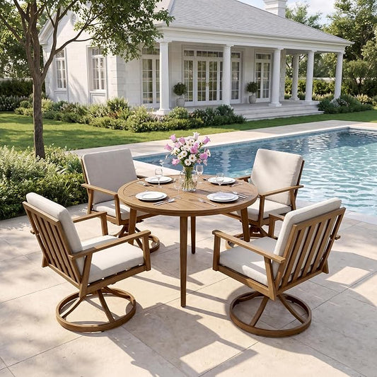 41" Round Outdoor Dining Table Set, 5-Piece Aluminum Round Outdoor Table with 4 Swivel Chairs, Faux Wood Grain Patio Table with Umbrella Hole for Garden, Backyard, Poolside, Teak