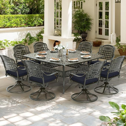 SOCIALCOMF 9-Piece Patio Cast Aluminum Dining Set, Outdoor Table and Chairs Set for 8, Includes 64" Large Square Dining Table and 8 Swivel Rocker Chairs with Umbrella Hole for Lawn Garden, Navy Blue