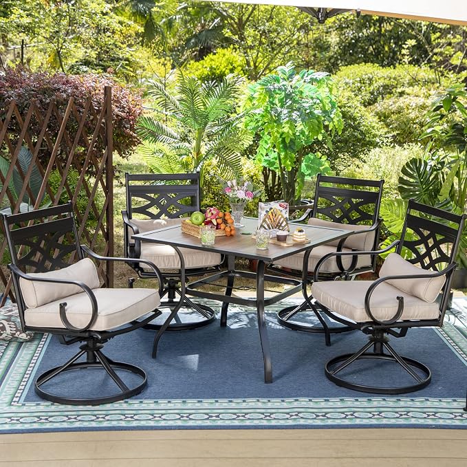 MFSTUDIO Patio Dining Set, 37" Square Wood-Look Table, Swivel Chairs | Umbrella Hole, Seats 4, All-Weather Use