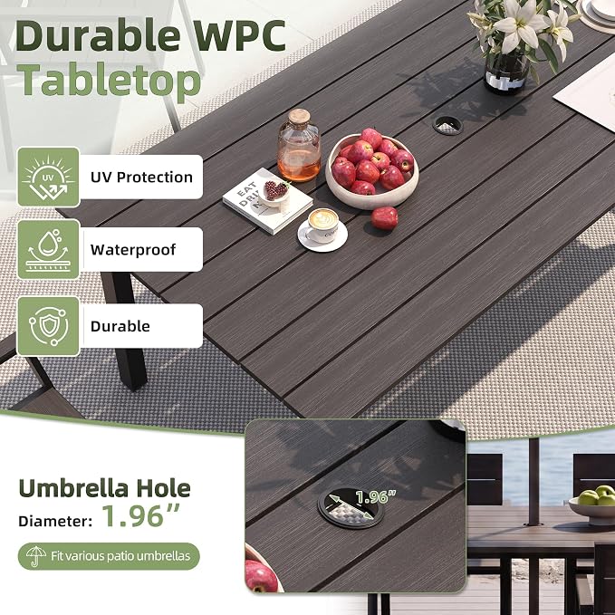 Outdoor Table and Chairs for 4 Aluminum Patio Dining Set with Umbrella Hole | All Weather,HDPS Material,Oversized,5 Piece,for Backyard,Rot-Fade-Crack Proof,Maintenance-Free,Sturdy,Heavy-Duty,Chocolate