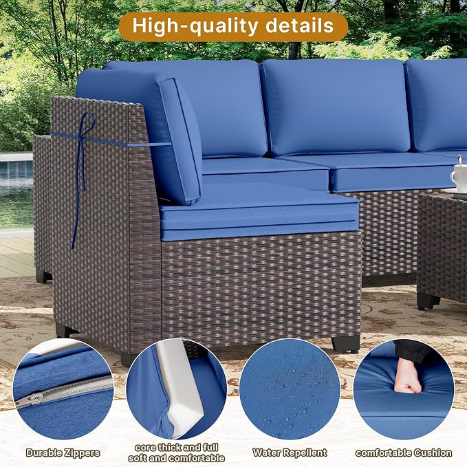 Gotland 10 Pieces Patio Furniture Set with 2 Swivel Rocking Chairs 1 Fire Pit Table, Patio Furniture in 4 Combinations with 1 Coffee Table Wide Armrests 29.5'' High Backrest, for Deck Garden Pool Navy