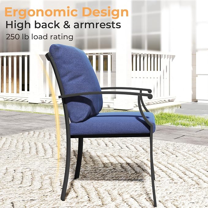 HAPPATIO 9-Piece Patio Dining Set, Outdoor Dining Set with Powder-Coated Metal,Dining Table with Umbrella Hole, 8 Stackable Chairs with Removable Cushions for Porch Poolside Garden,Navy Blue