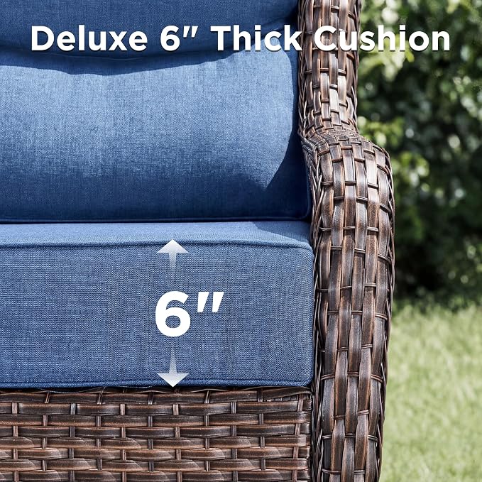 Luxury Patio Furniture Set with Fire Pit Table-8 Pieces All Weather Outdoor Swivel Rocker Chairs with Sofa and Ottomans. Outdoors Patio Conversation Sets for Porch Deck Garden(Brown/Blue)