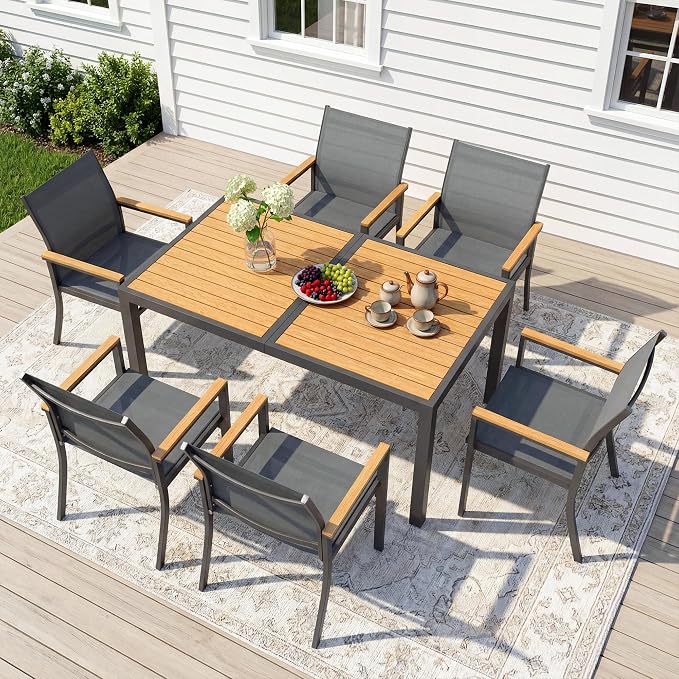 7-Pieces Aluminum Patio Table and Chairs for All-Weather, Patio Table Set with Heavy Duty HDPS Rectangular Table, Outdoor Patio Dining Furniture Set with Breathable Quick-Drying Textilene Chairs